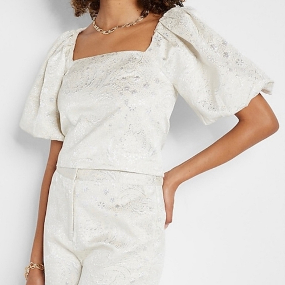 New Rachel Zoe x Express Metallic Jacquard Puff Sleeve Top Blouse Size 4.